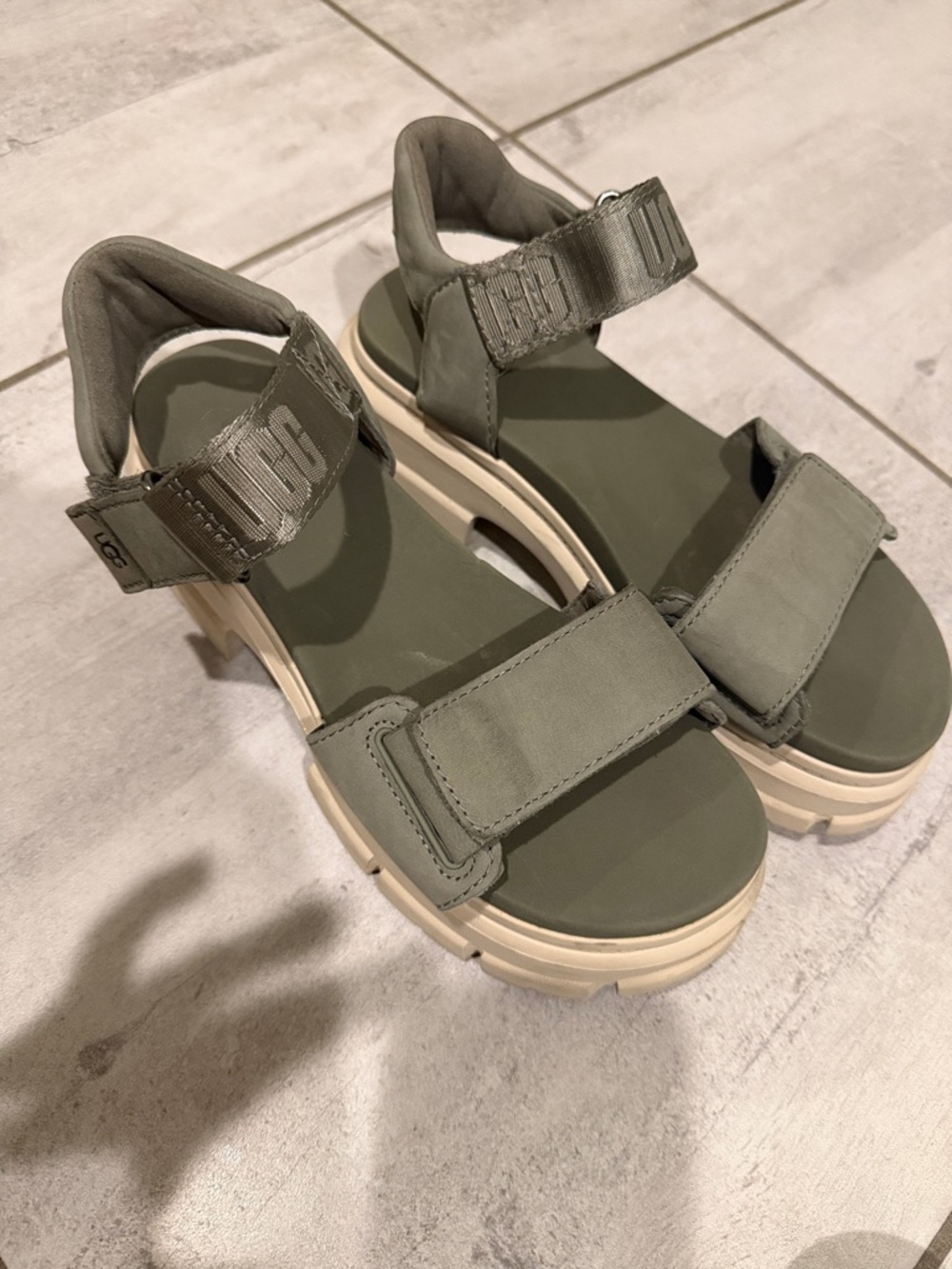 UGG Olive Green Strap Platform Sandals with Cream Sole